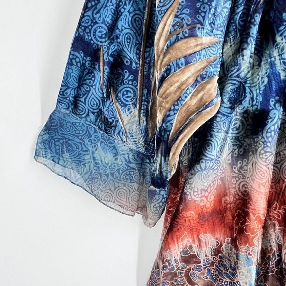 Oneworld Burnout Velvet Tunic Top Size XL Half Sleeve Tie Front - Picture 5 of 15